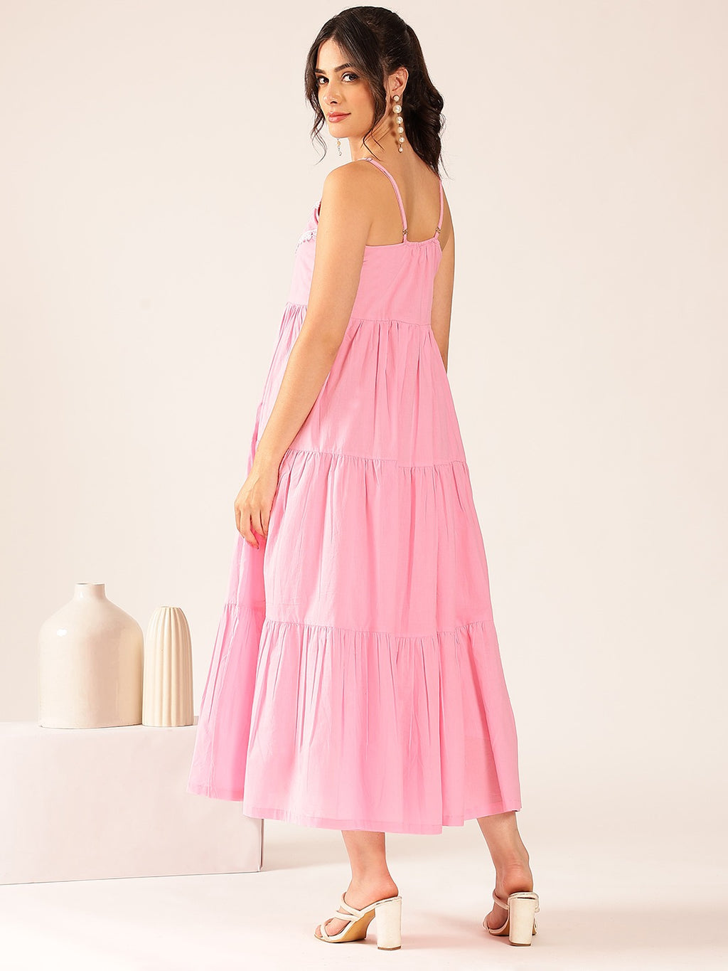 Pink Mul Cotton Tiered Maxi Dress with Inner