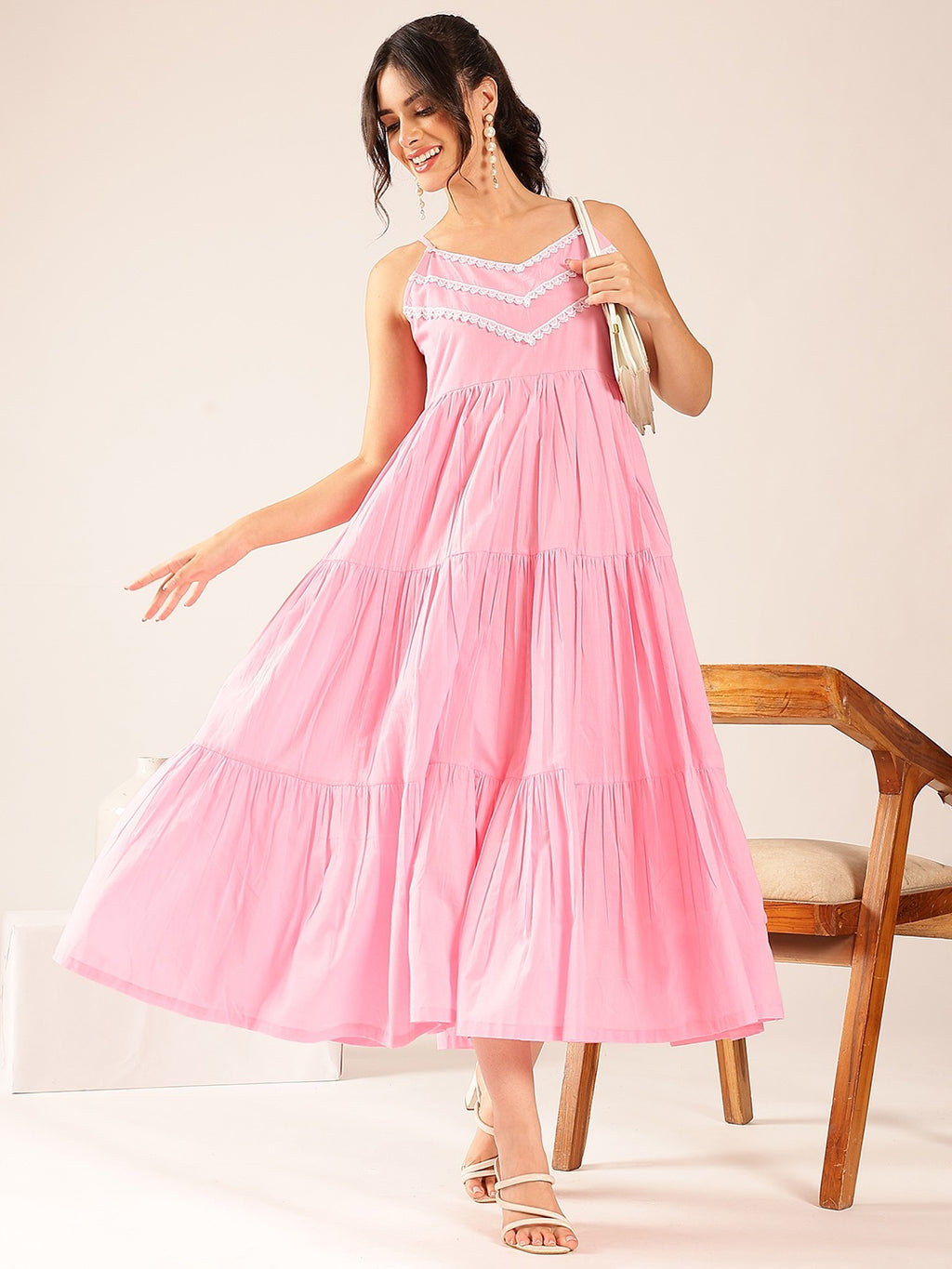 Pink Mul Cotton Tiered Maxi Dress with Inner