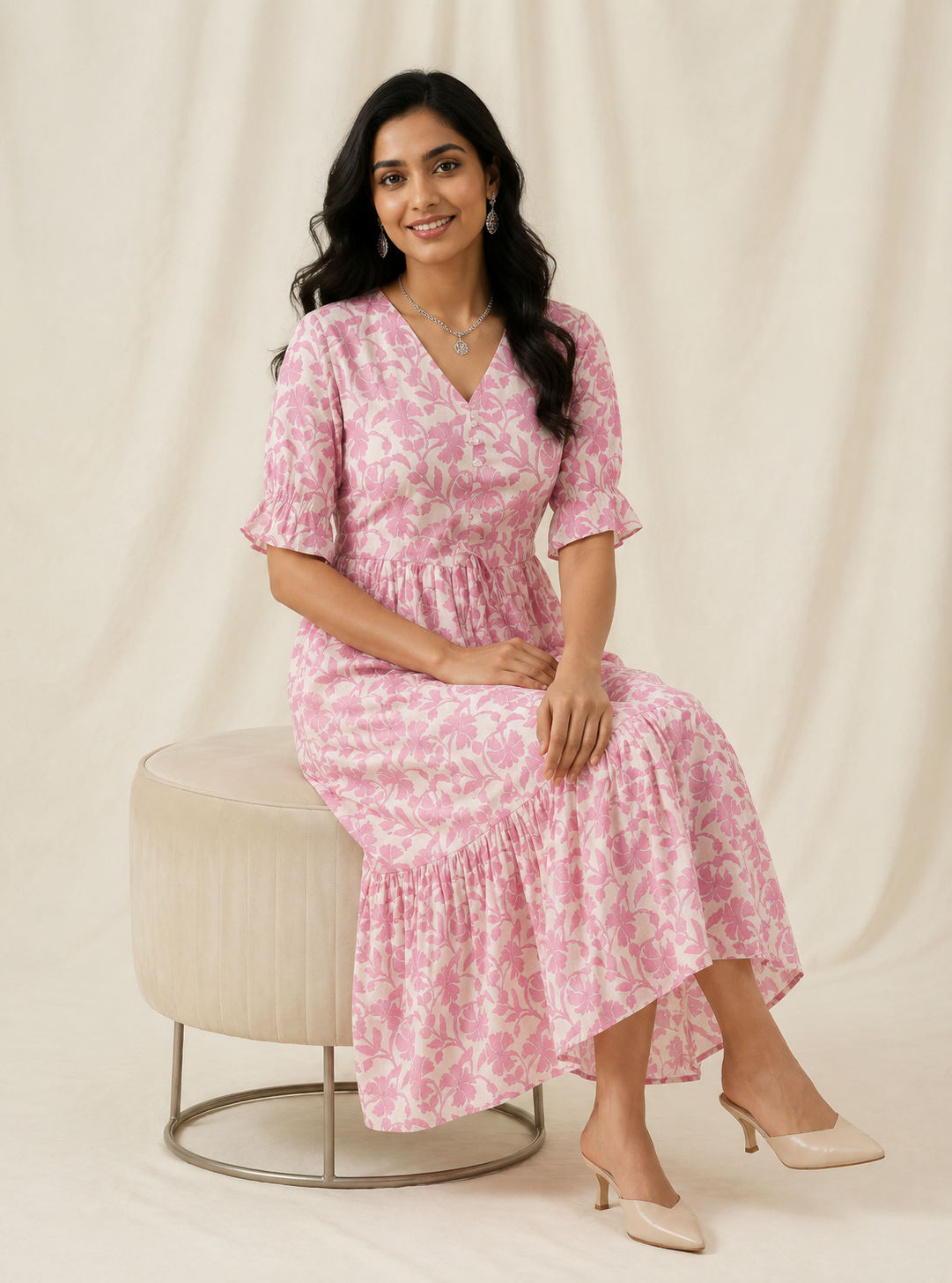 Pink Floral Cotton Middy Dress