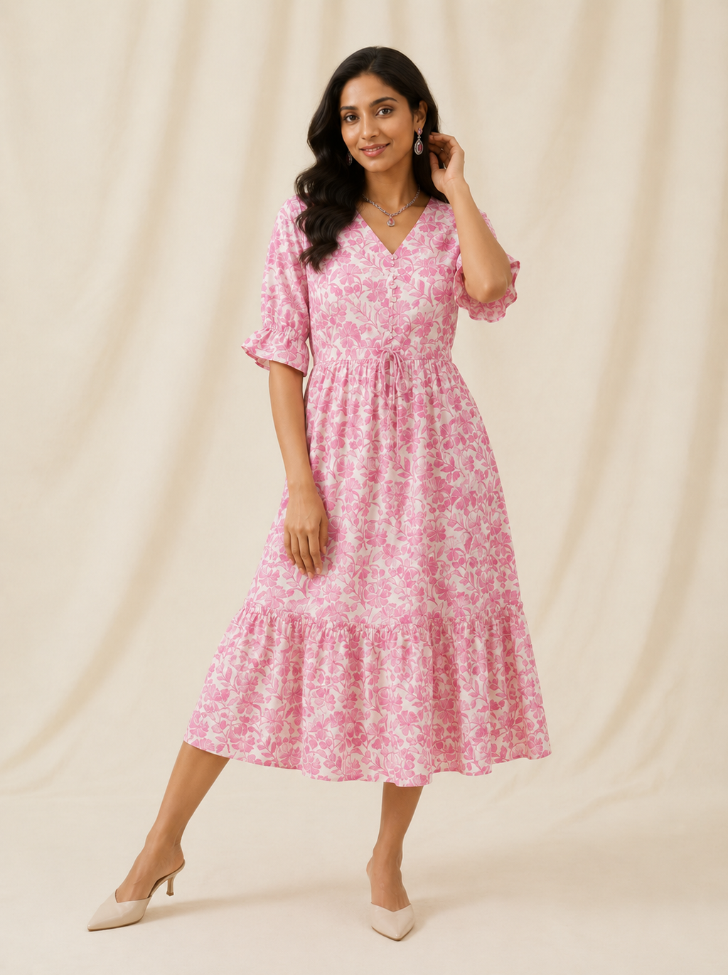 Pink Floral Cotton Middy Dress