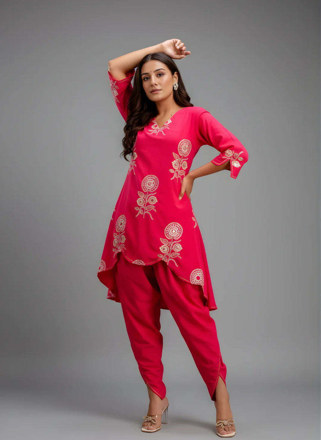 Designer Pink Co-ord Set with Tulip Pants & White Floral Embroidery