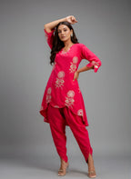 Designer Pink Co-ord Set with Tulip Pants & White Floral Embroidery