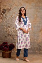 Teal White Pure Cotton Floral Kurta Set