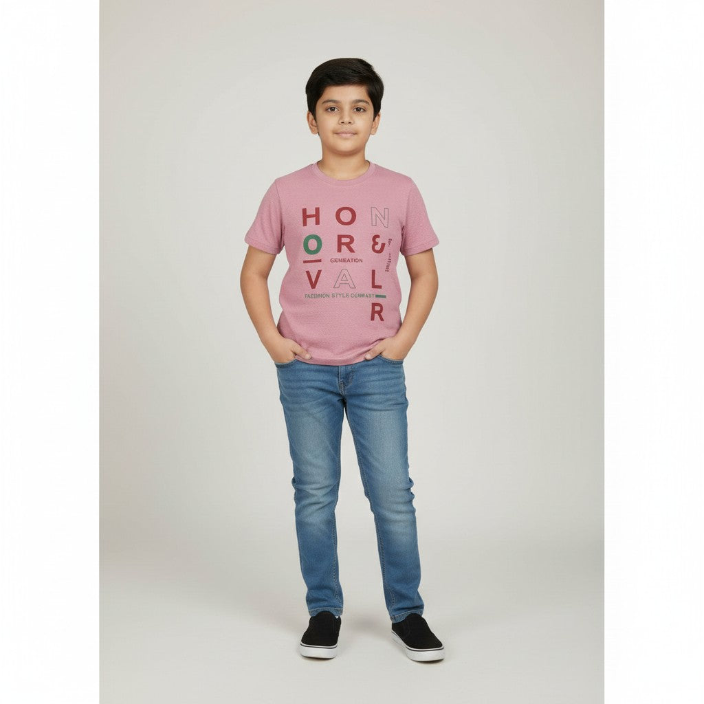 Boys Pink Graphic Printed T-Shirt – “Honor & Valor”