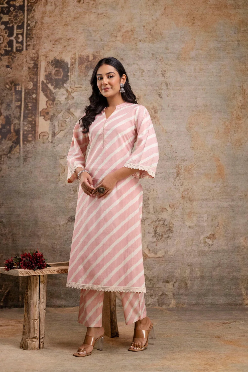 Blush Pink Striped Cotton Kurta Set for Women – Elegant Summer Co-Ord