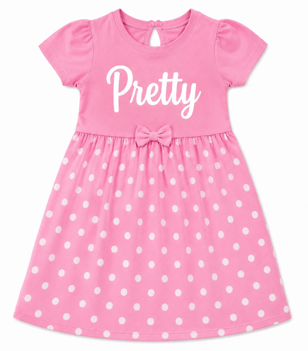 A pink short-sleeve dress for toddlers or girls, featuring the word 'Pretty' printed in white script across the chest, a matching pink bow at the waist, and a pink and white polka dot skirt.