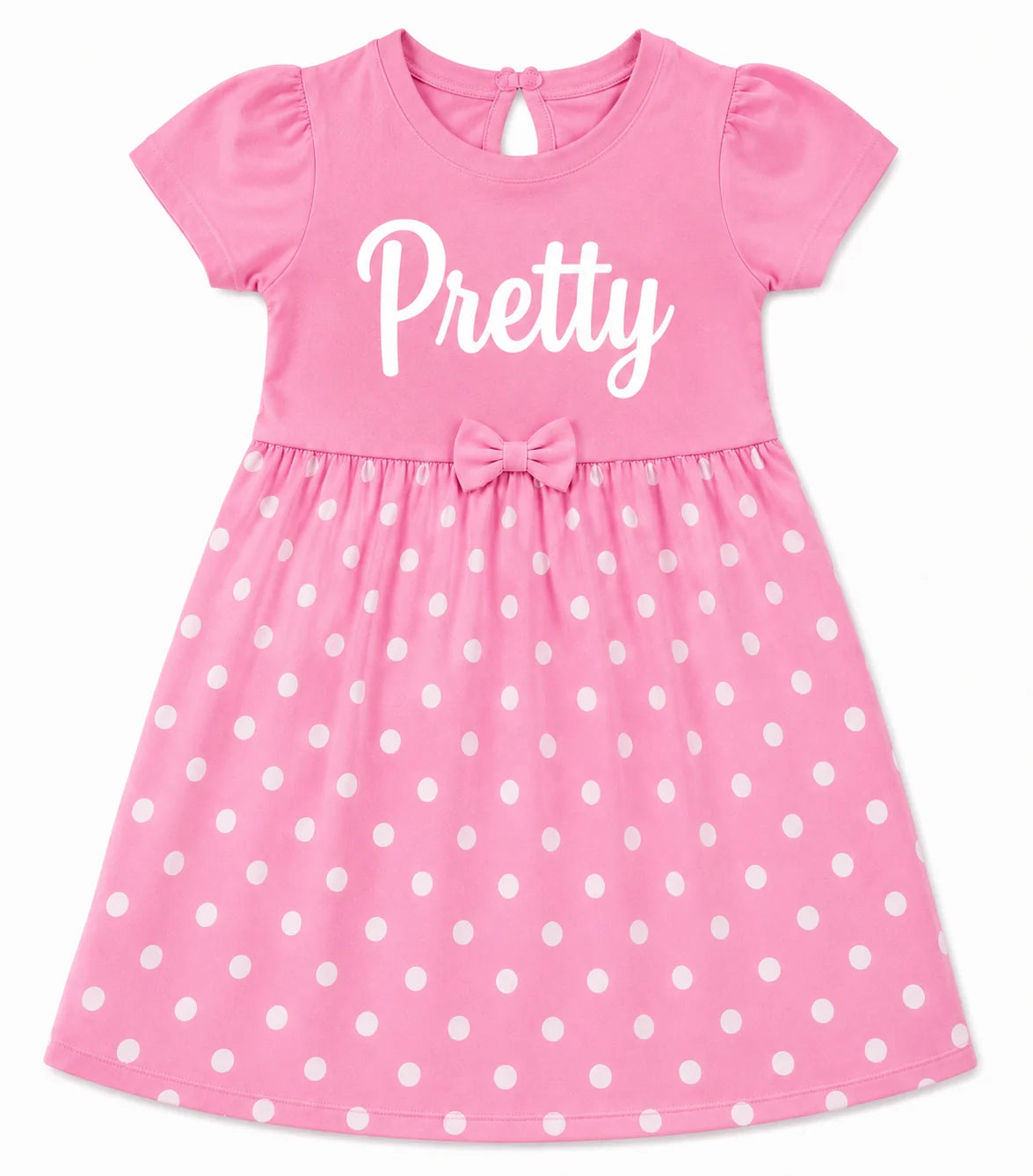 A pink short-sleeve dress for toddlers or girls, featuring the word 'Pretty' printed in white script across the chest, a matching pink bow at the waist, and a pink and white polka dot skirt.