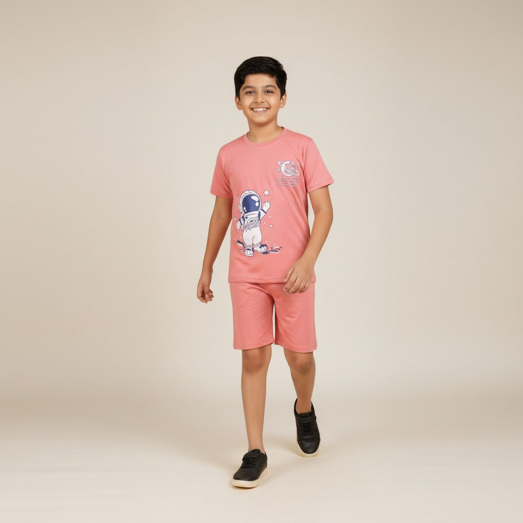 Boys Peach Space Printed Co-ord Set – T-Shirt & Shorts Set