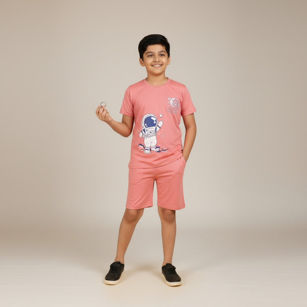 Boys Peach Space Printed Co-ord Set – T-Shirt & Shorts Set