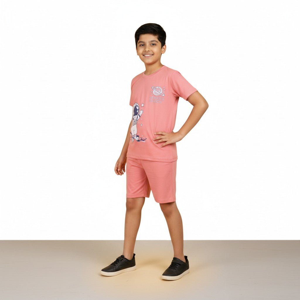 Boys Peach Space Printed Co-ord Set – T-Shirt & Shorts Set