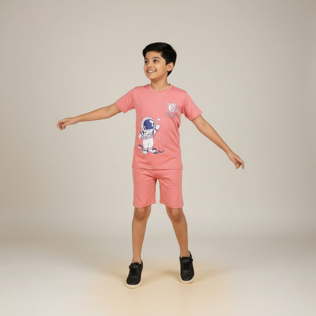 Boys Peach Space Printed Co-ord Set – T-Shirt & Shorts Set