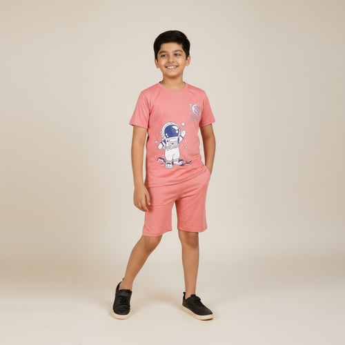 Boys Peach Space Printed Co-ord Set – T-Shirt & Shorts Set
