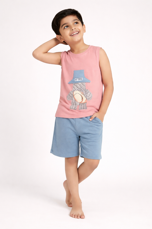 Boys Pink Summer Set – Soft Waffle Fabric (T-Shirt & Shorts)