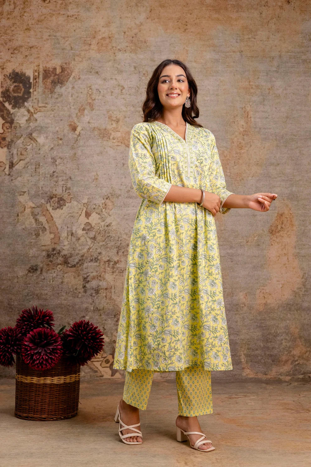 Lemon Floral Pure Cotton Kurta Set