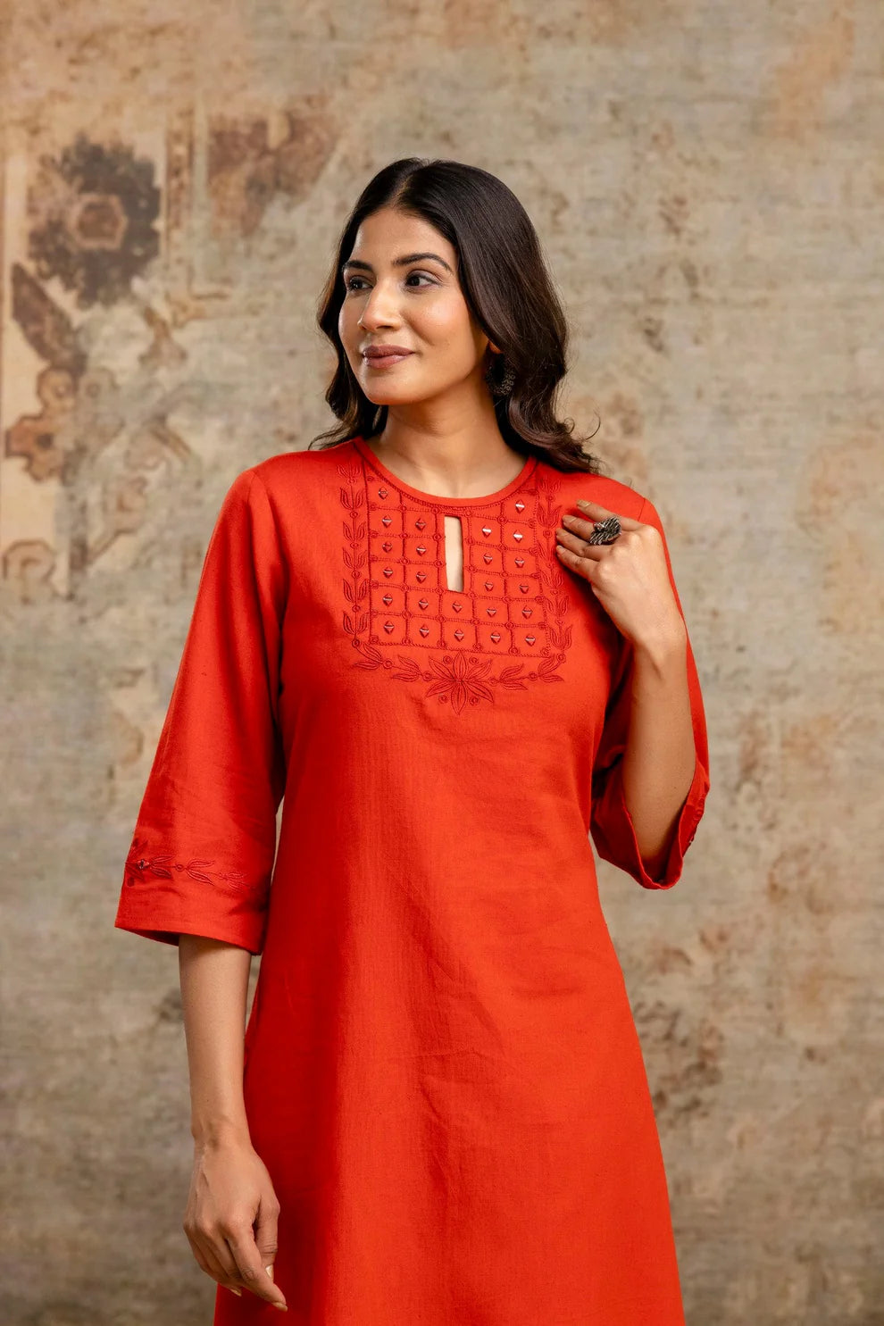 Rust Orange Embroidered Yoke Pure Cotton Kurta Set