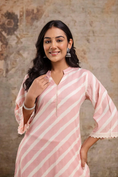 Blush Pink Striped Cotton Kurta Set for Women – Elegant Summer Co-Ord