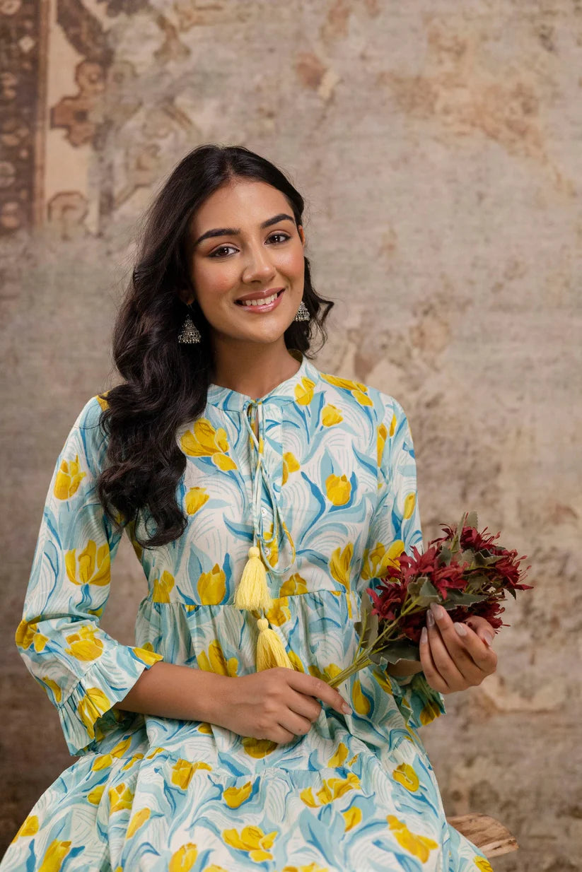 Pure Cotton Printed Flared Midi Dress