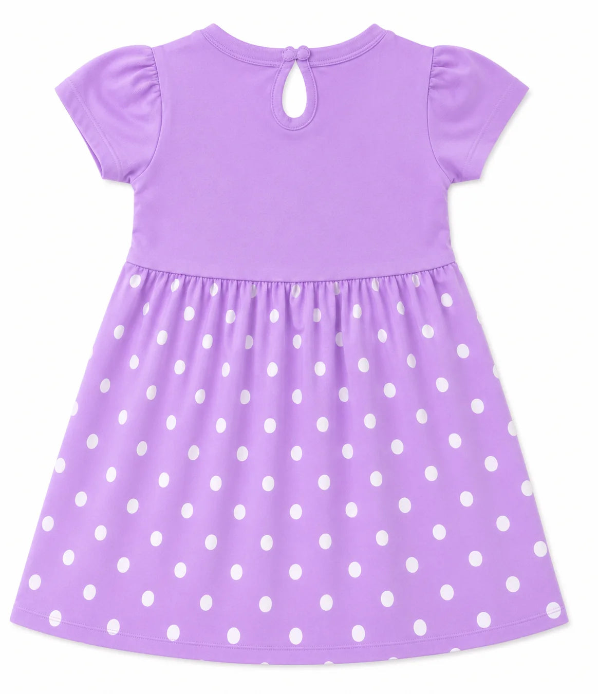 A children's short-sleeve dress in light purple with white polka dots, featuring a keyhole back neckline, shown against a plain white background.