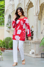 Women’s Cotton Printed Summer Top – Red Floral Tunic