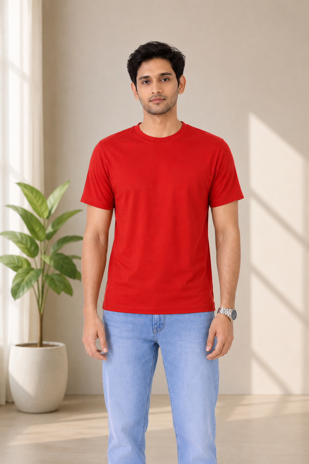 Man wearing a red t-shirt and light blue jeans standing indoors with a plant in the background.
