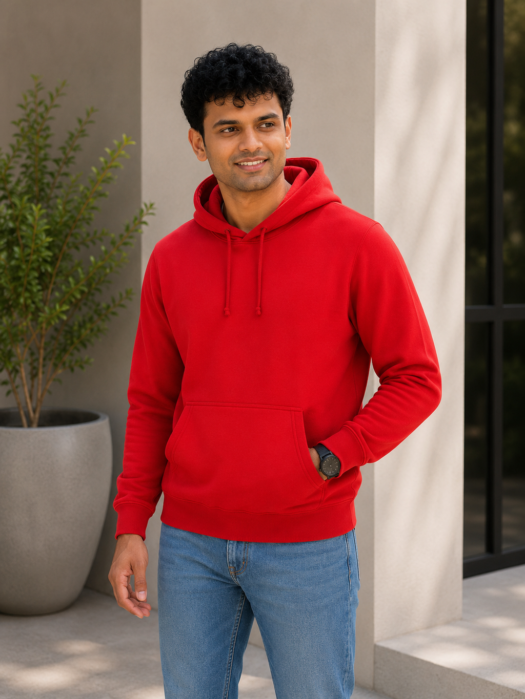 Man wearing a red hoodie and blue jeans standing outdoors.