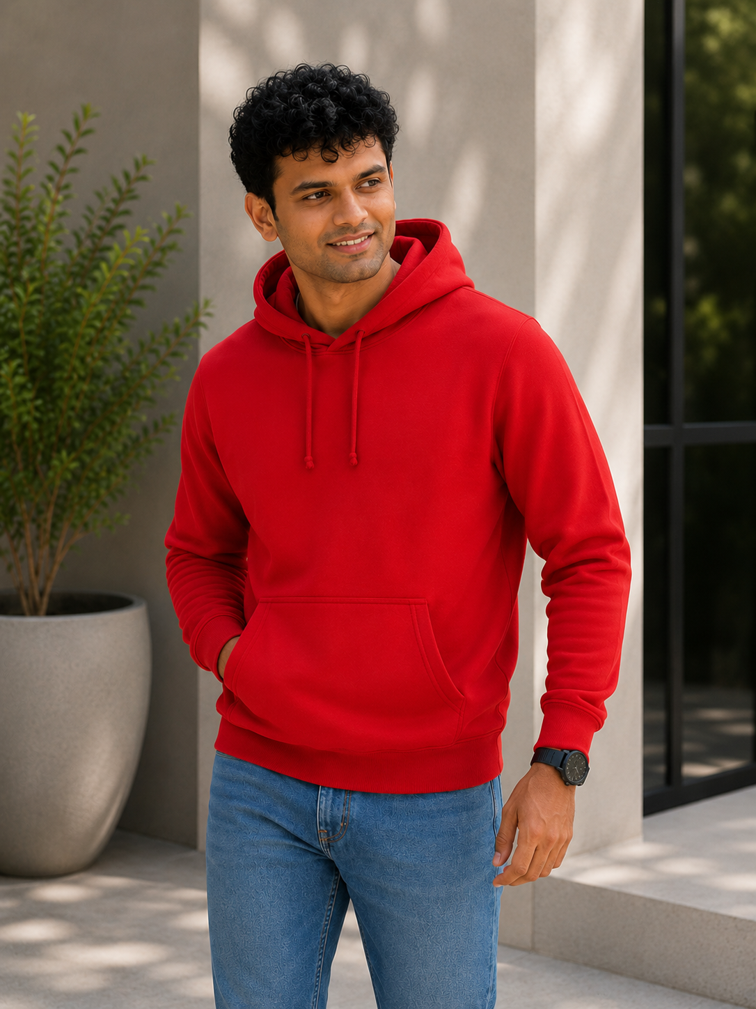 Man wearing a red hoodie standing outdoors next to a building with a plant.