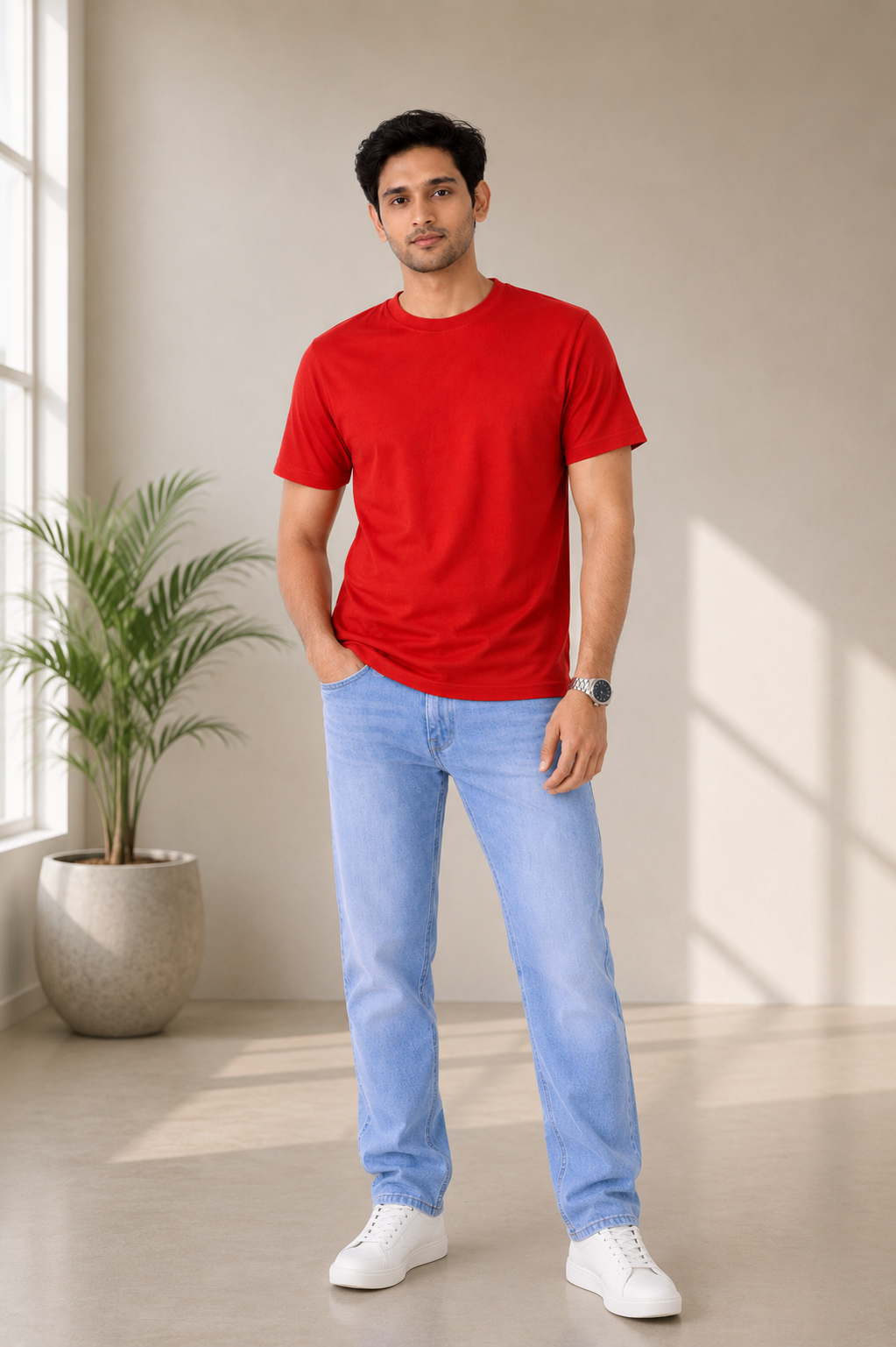Man wearing a red t-shirt and light blue jeans standing in a room with a plant and neutral walls.