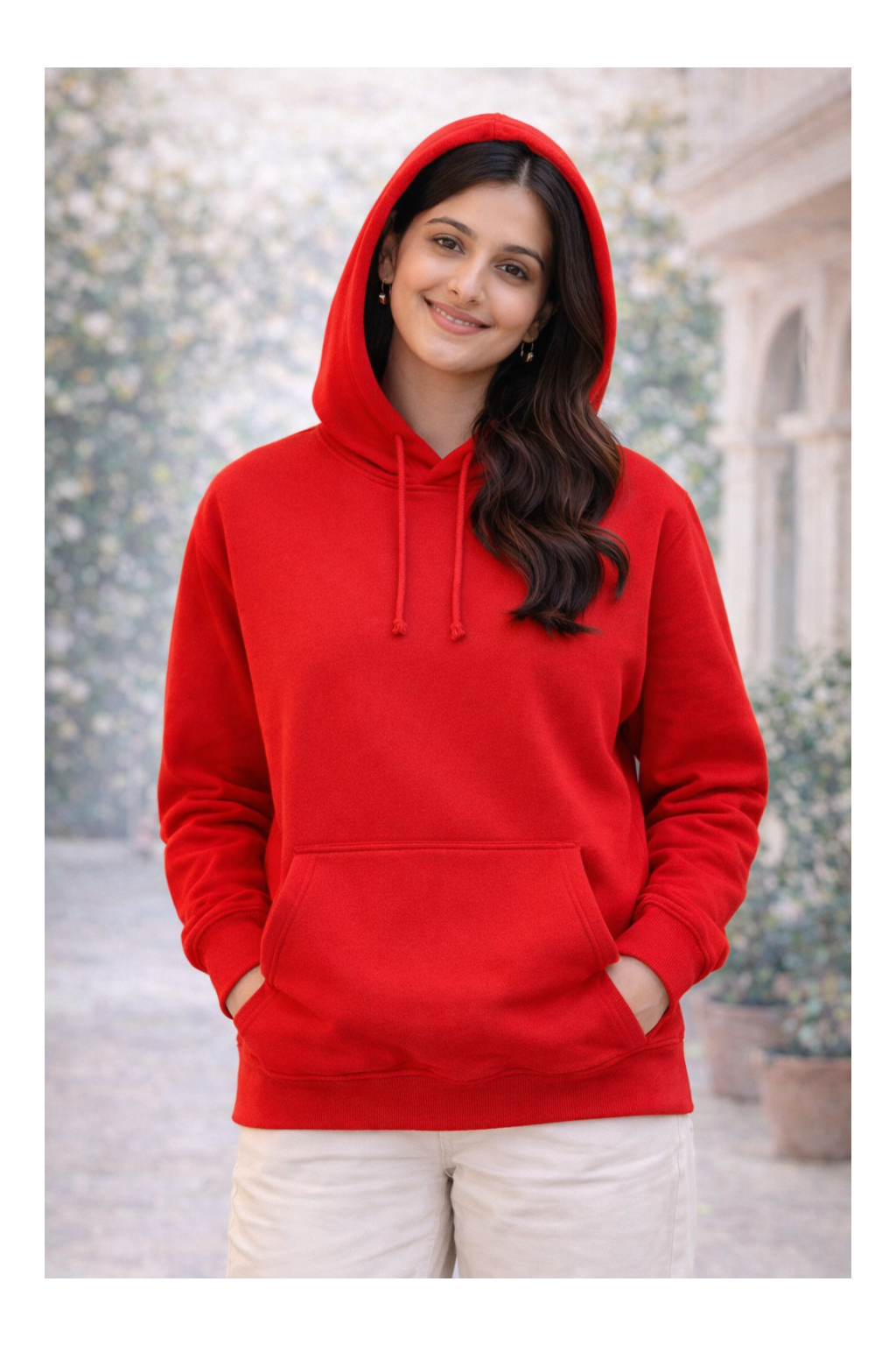 Person wearing a red hoodie with a blurred background