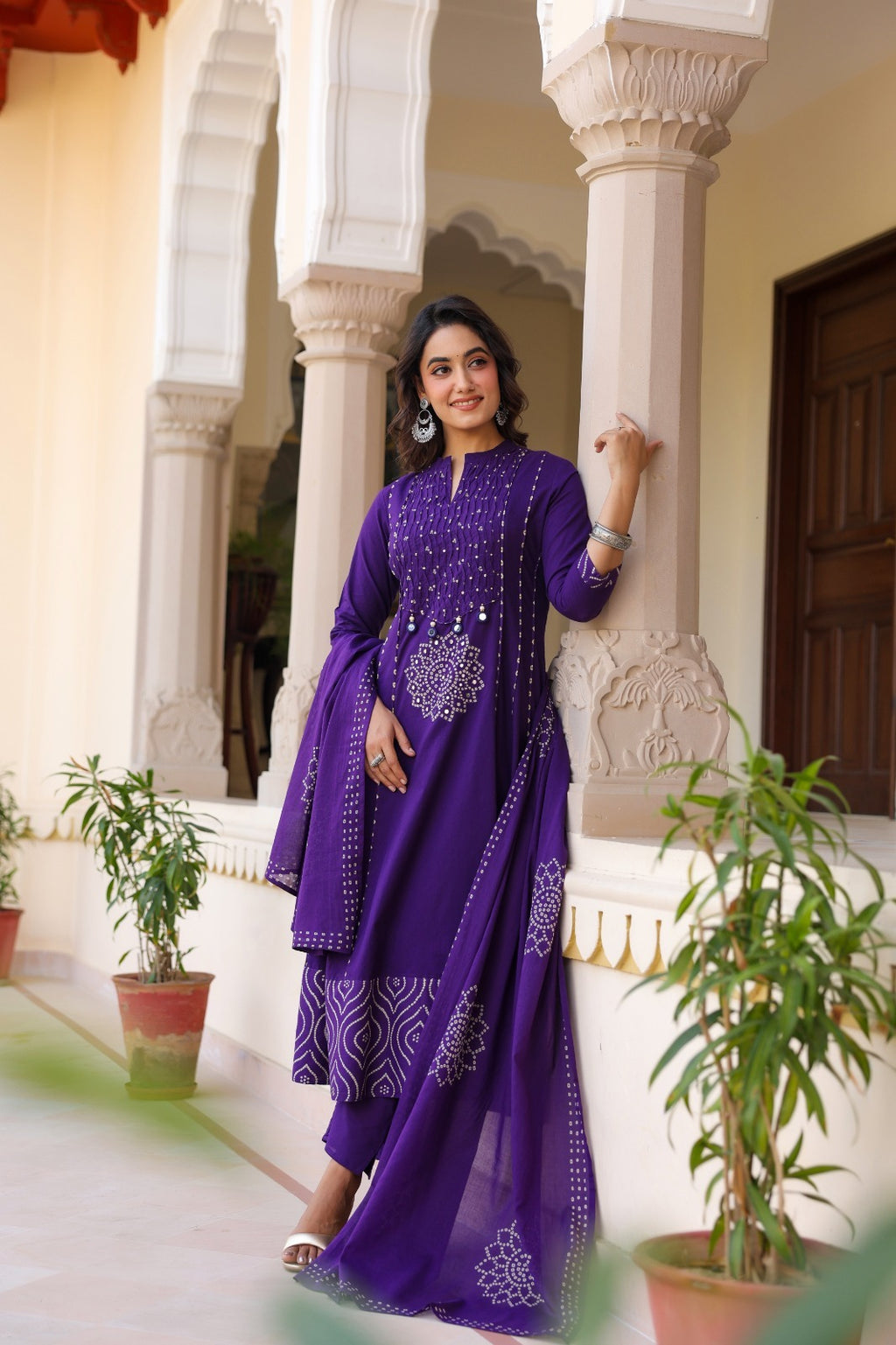 Royal Purple Cotton Kurta Pant Dupatta Set for Women