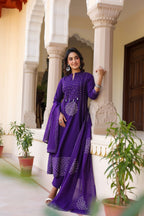 Royal Purple Cotton Kurta Pant Dupatta Set for Women