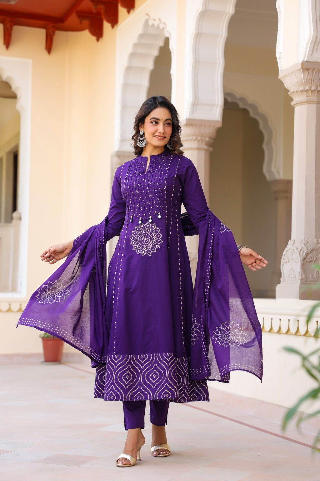 Royal Purple Cotton Kurta Pant Dupatta Set for Women