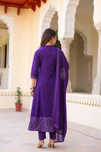 Royal Purple Cotton Kurta Pant Dupatta Set for Women