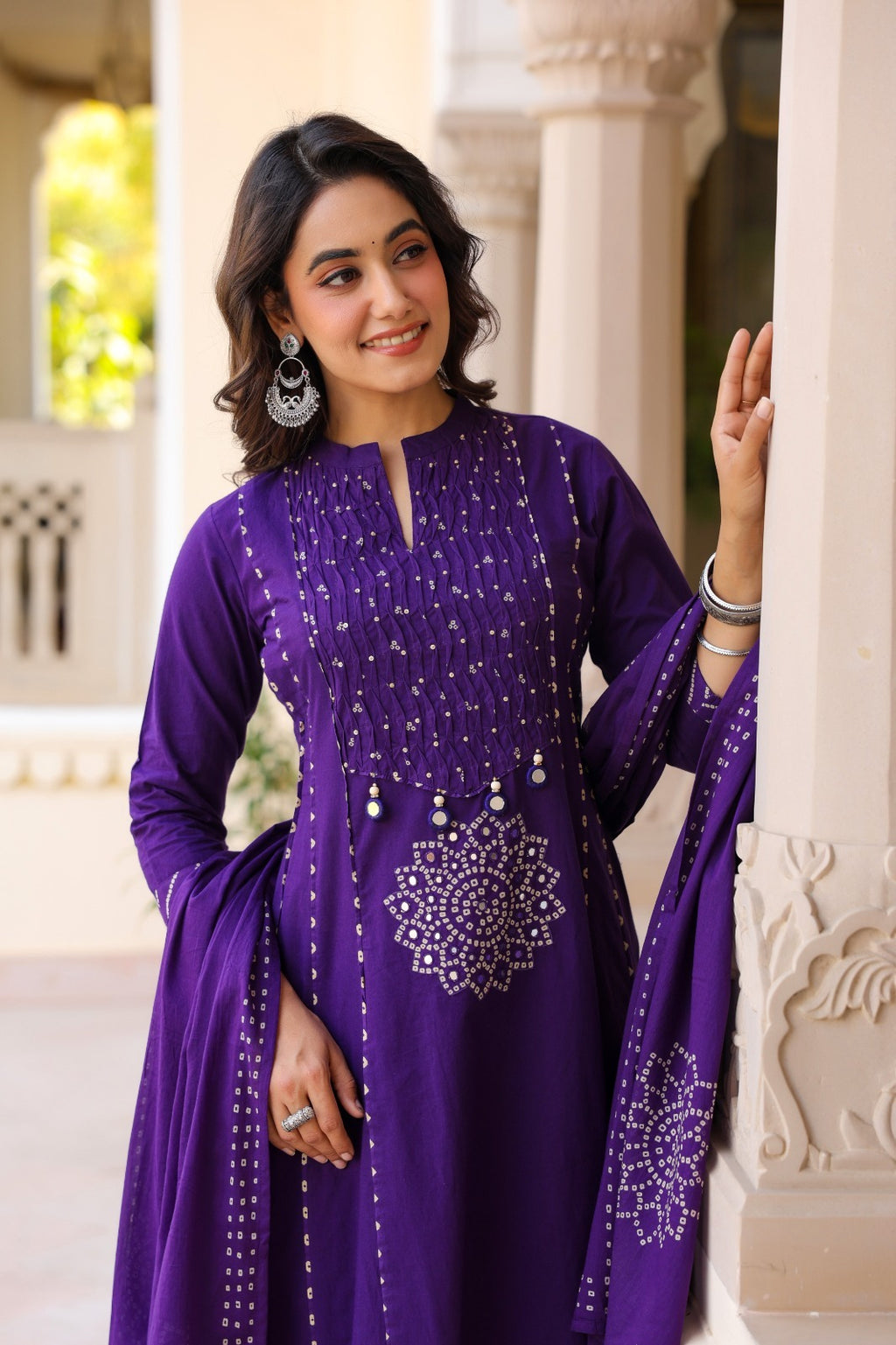 Royal Purple Cotton Kurta Pant Dupatta Set for Women