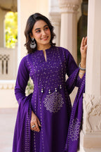 Royal Purple Cotton Kurta Pant Dupatta Set for Women