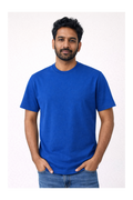 Man wearing a blue t-shirt on a white background