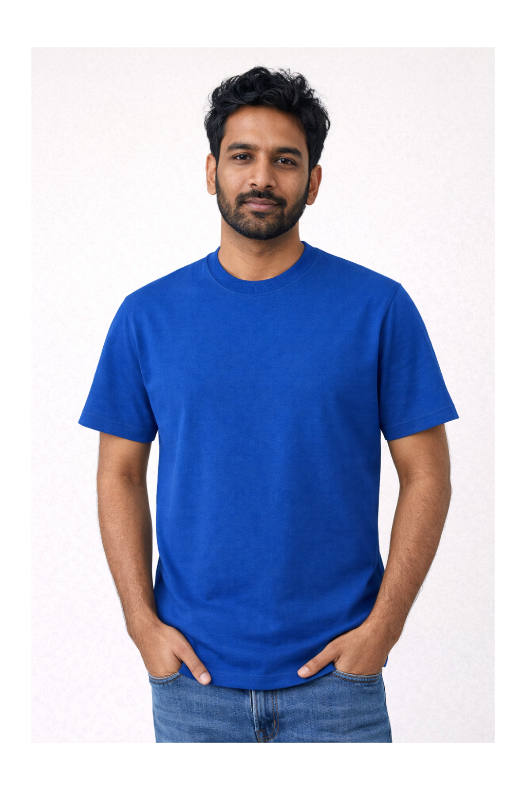 Man wearing a blue t-shirt on a white background