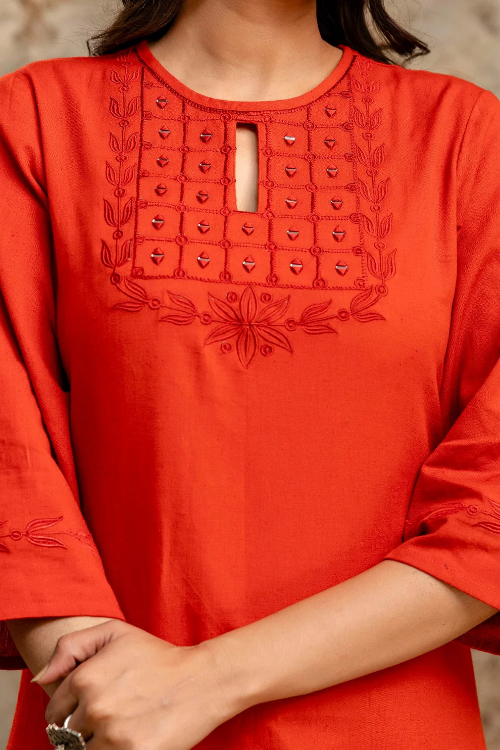 Rust Orange Embroidered Yoke Pure Cotton Kurta Set
