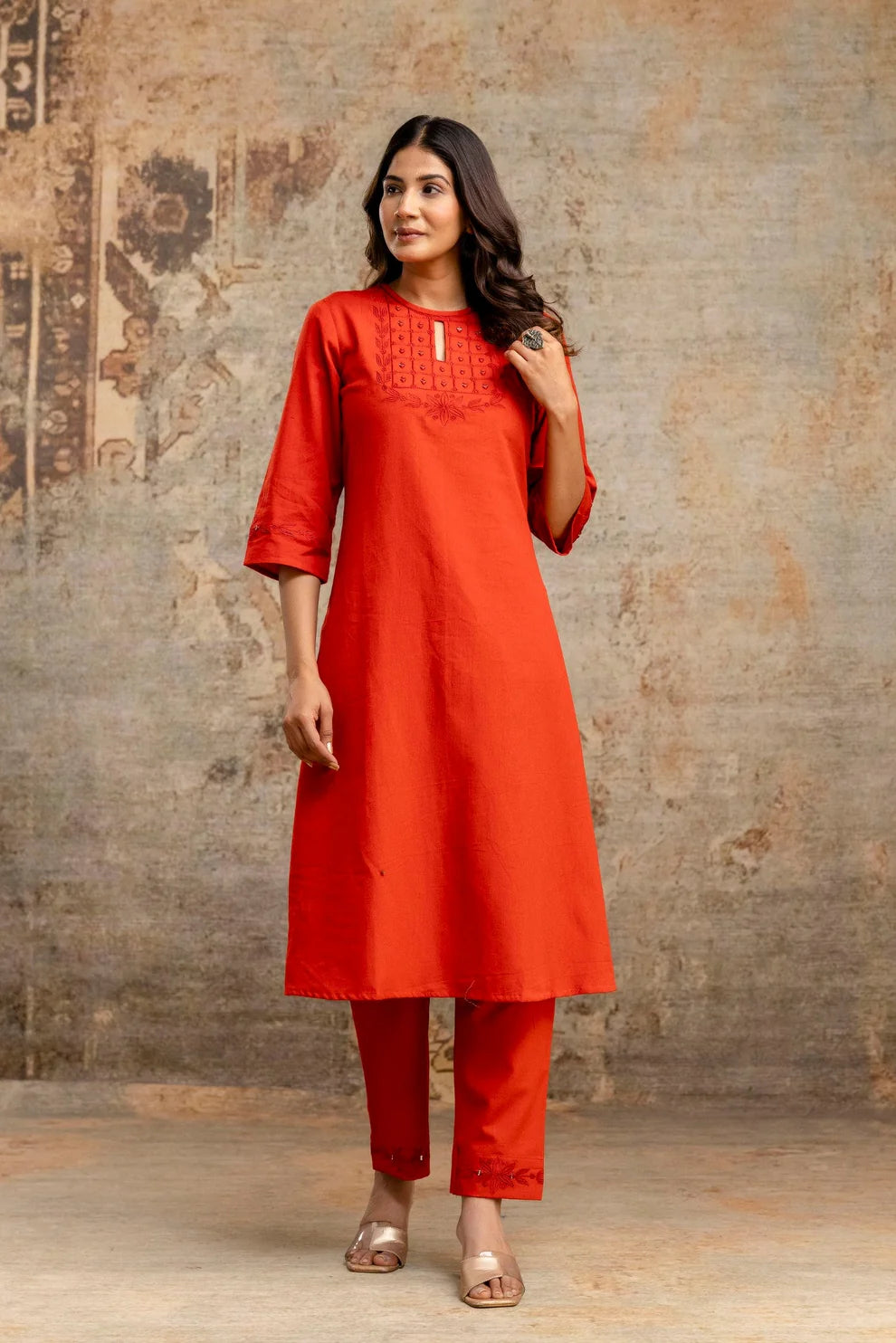 Rust Orange Embroidered Yoke Pure Cotton Kurta Set