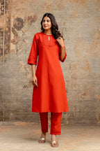 Rust Orange Embroidered Yoke Pure Cotton Kurta Set