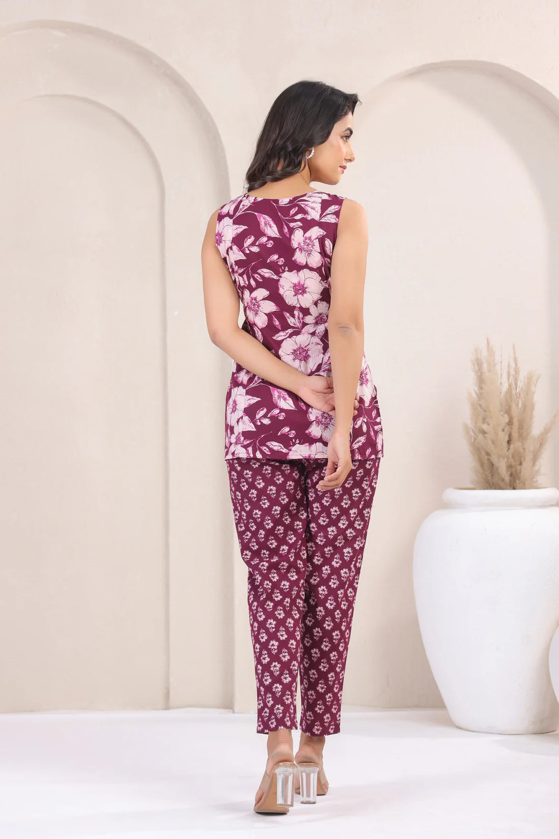 Wine Floral Printed Sleeveless Tunic & Pant Co-ord Set for Women