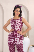 Wine Floral Printed Sleeveless Tunic & Pant Co-ord Set for Women