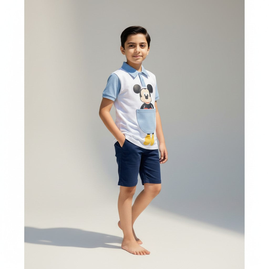 Boys Mickey Print Polo T-Shirt & Shorts Co-ord Set – White & Sky Blue