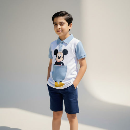Boys Mickey Print Polo T-Shirt & Shorts Co-ord Set – White & Sky Blue