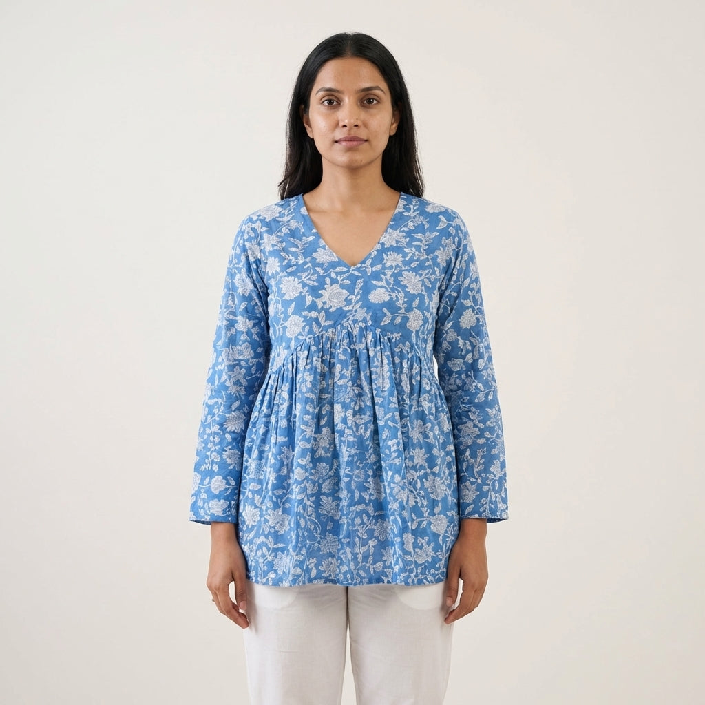 Women’s Blue Floral Alia Top | Premium Soft Cotton | V-Neck | Full Sleeves