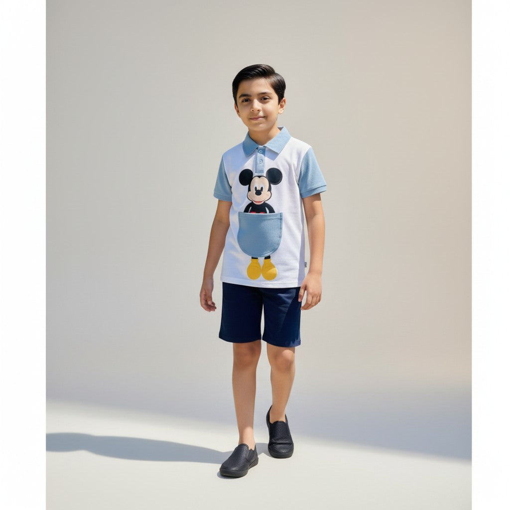 Boys Mickey Print Polo T-Shirt & Shorts Co-ord Set – White & Sky Blue
