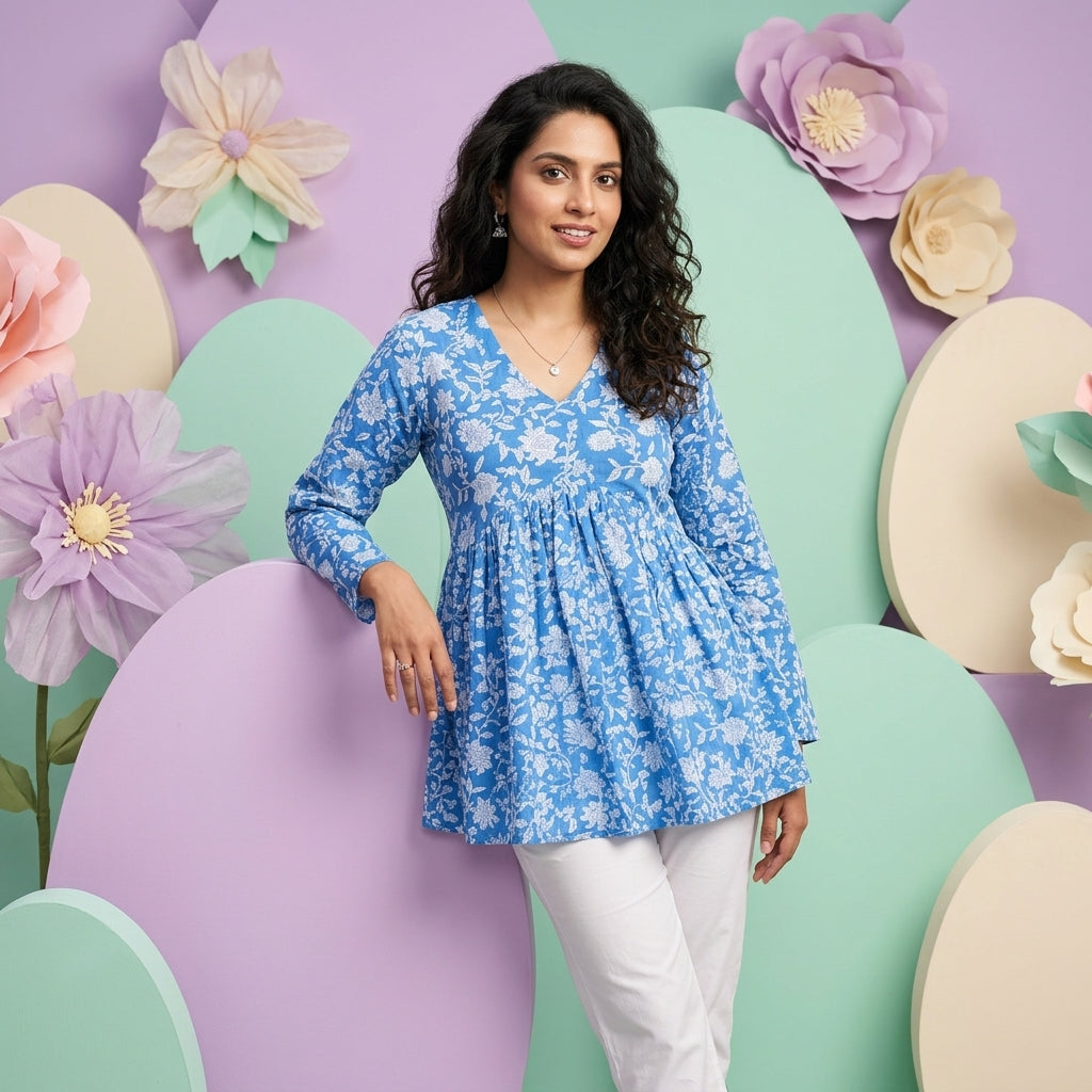 Women’s Blue Floral Alia Top | Premium Soft Cotton | V-Neck | Full Sleeves