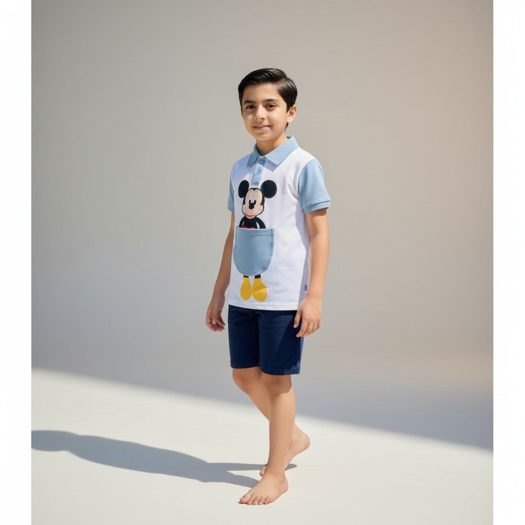 Boys Mickey Print Polo T-Shirt & Shorts Co-ord Set – White & Sky Blue