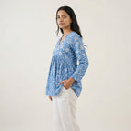 Women’s Blue Floral Alia Top | Premium Soft Cotton | V-Neck | Full Sleeves