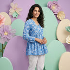 Women’s Blue Floral Alia Top | Premium Soft Cotton | V-Neck | Full Sleeves