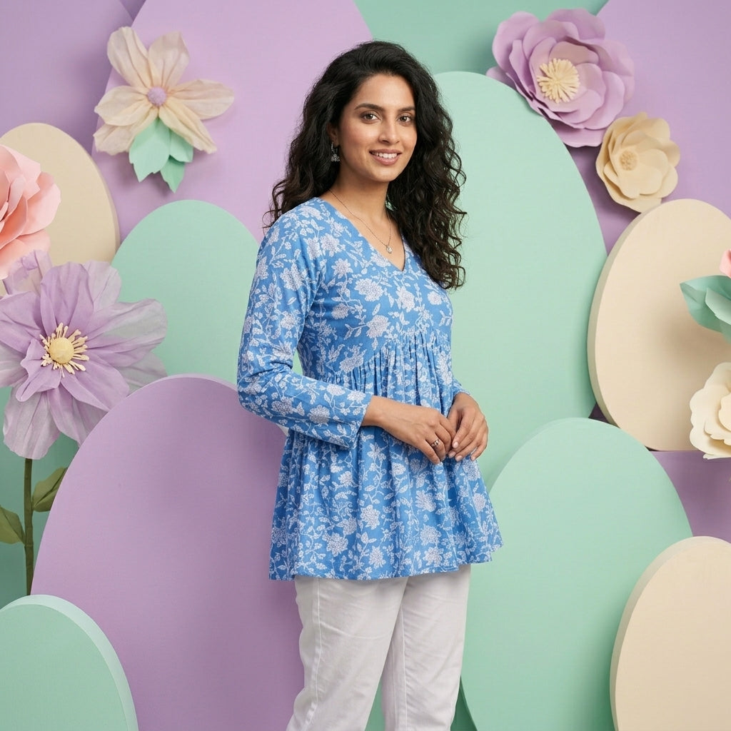 Women’s Blue Floral Alia Top | Premium Soft Cotton | V-Neck | Full Sleeves